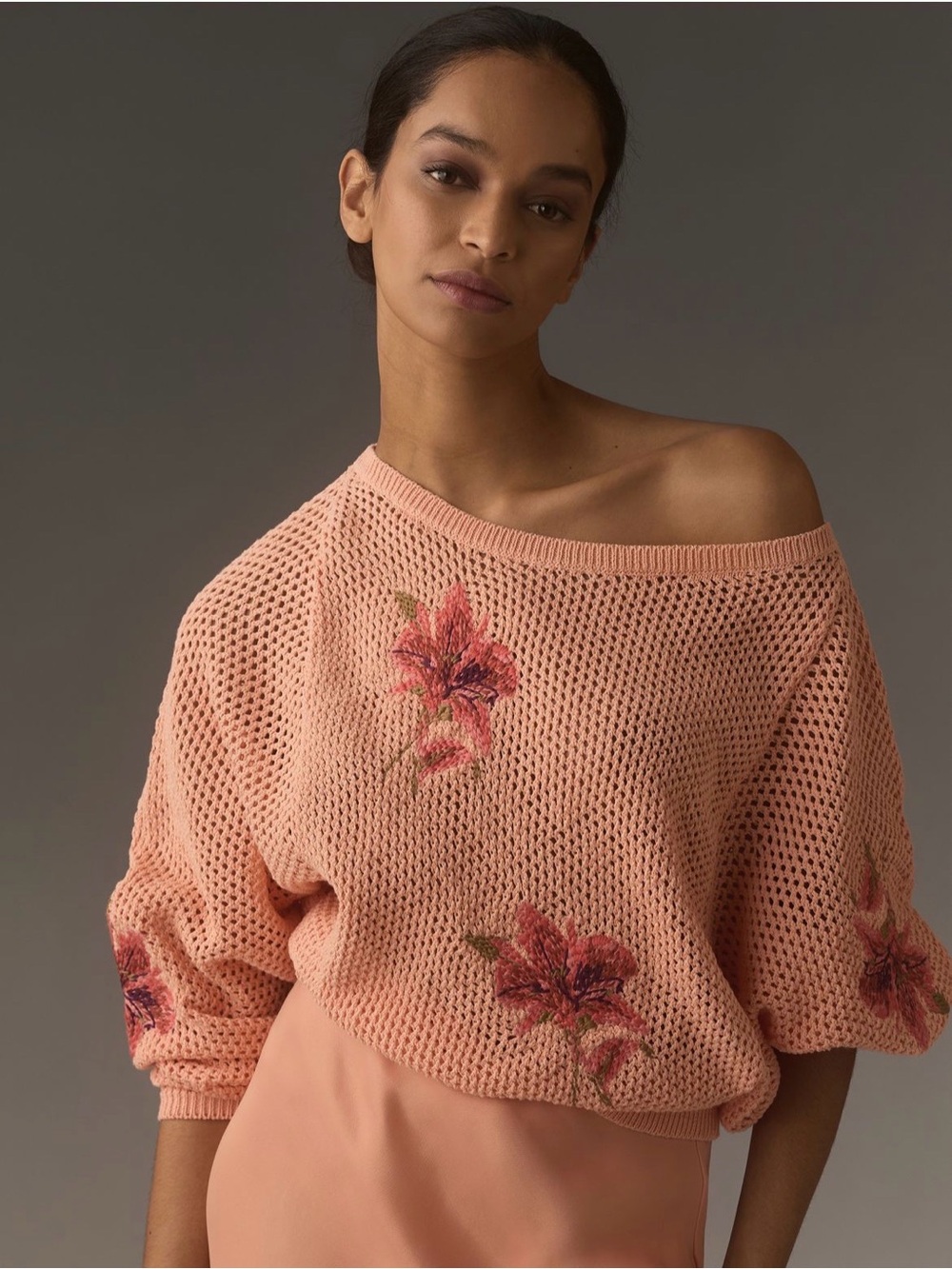 Anthropologie Pilcro Open Knit Floral Embroidered Sweater